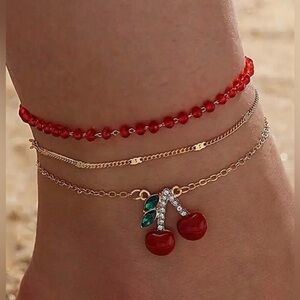 3pc Red Cherry Charm Anklet Set